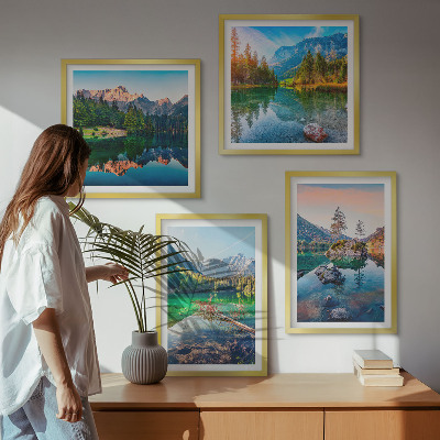 Conjunto de 4 quadros com moldura paisagem natural de lagos de montanha