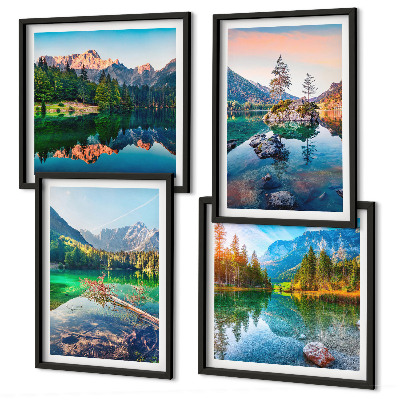 Conjunto de 4 quadros com moldura paisagem natural de lagos de montanha