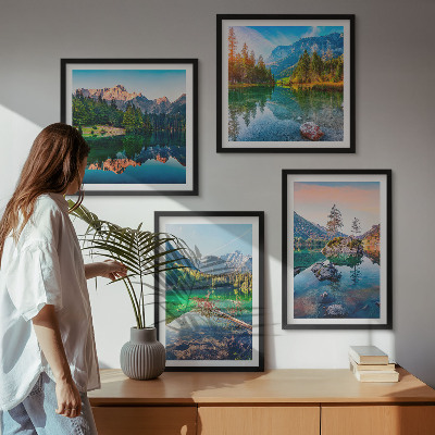 Conjunto de 4 quadros com moldura paisagem natural de lagos de montanha