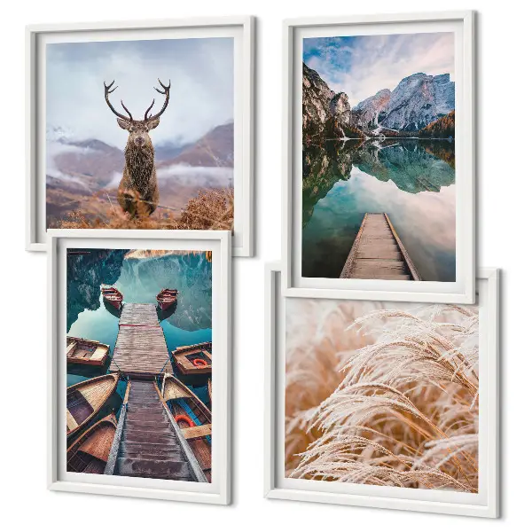 Conjunto de 4 quadros com moldura com temática de barcos no lago, veados e montanhas
