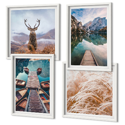 Conjunto de 4 quadros com moldura barcos no lago veados montanhas