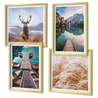 Conjunto de 4 quadros com moldura barcos no lago veados montanhas