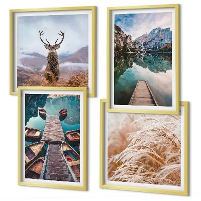 Conjunto de 4 quadros com moldura com temática de barcos no lago, veados e montanhas