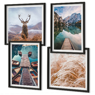 Conjunto de 4 quadros com moldura barcos no lago veados montanhas
