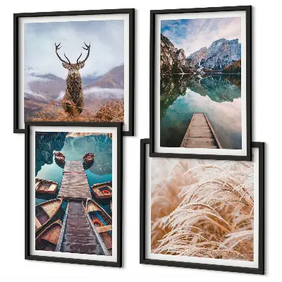 Conjunto de 4 quadros com moldura com temática de barcos no lago, veados e montanhas