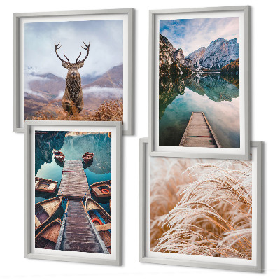 Conjunto de 4 quadros com moldura barcos no lago veados montanhas
