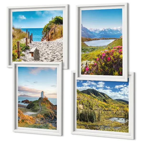 Conjunto de 4 quadros com moldura com paisagens de praia, farol, montanhas, prados e flores