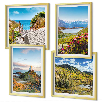 Conjunto de 4 quadros com moldura Praia, farol, montanhas, prados, flores