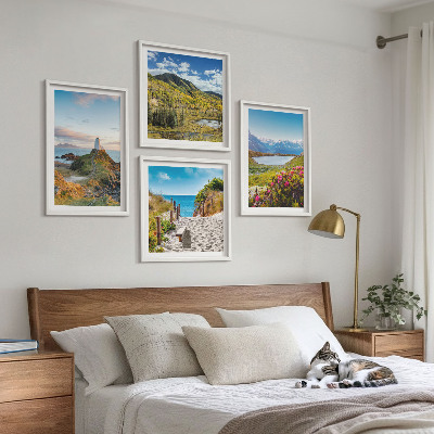 Conjunto de 4 quadros com moldura Praia, farol, montanhas, prados, flores
