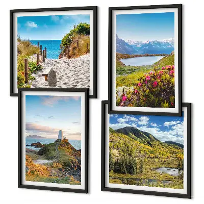 Conjunto de 4 quadros com moldura com paisagens de praia, farol, montanhas, prados e flores