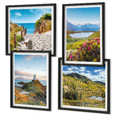 Conjunto de 4 quadros com moldura Praia, farol, montanhas, prados, flores