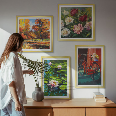 Conjunto de 4 quadros com moldura Lagoa de Lírios com Cores de Outono