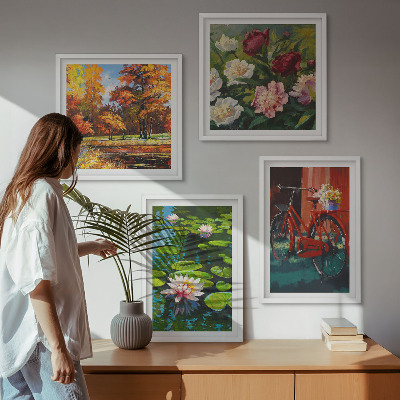 Conjunto de 4 quadros com moldura Lagoa de Lírios com Cores de Outono