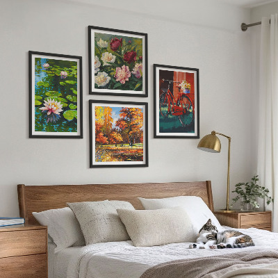 Conjunto de 4 quadros com moldura Lagoa de Lírios com Cores de Outono