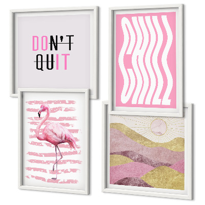 Políptico com moldura Paisagem montanhosa em tons pastel com flamingos rosa
