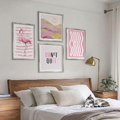 Políptico com moldura Paisagem montanhosa em tons pastel com flamingos rosa