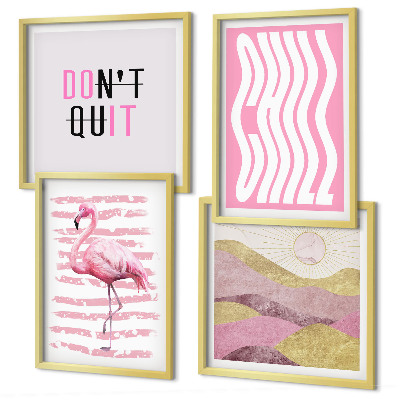 Políptico com moldura Paisagem montanhosa em tons pastel com flamingos rosa