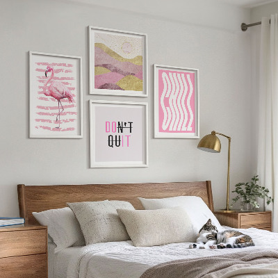 Políptico com moldura Paisagem montanhosa em tons pastel com flamingos rosa