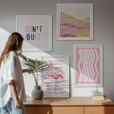 Políptico com moldura Paisagem montanhosa em tons pastel com flamingos rosa