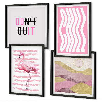 Políptico com moldura Paisagem montanhosa em tons pastel com flamingos rosa