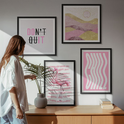Políptico com moldura Paisagem montanhosa em tons pastel com flamingos rosa