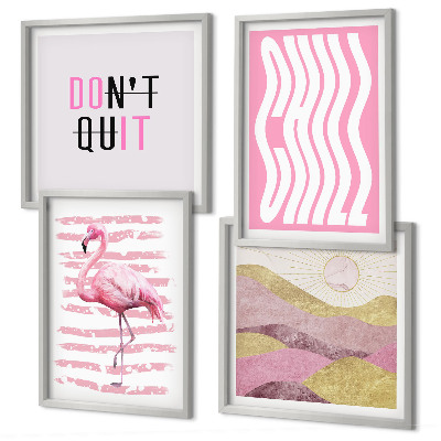 Políptico com moldura Paisagem montanhosa em tons pastel com flamingos rosa