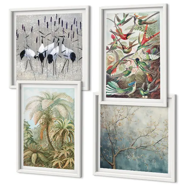 Conjunto de 4 quadros com moldura com estampas de plantas tropicais, pássaros e natureza