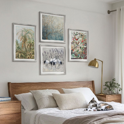 Conjunto de 4 quadros com moldura Plantas tropicais, pássaros, natureza