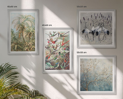 Conjunto de 4 quadros com moldura Plantas tropicais, pássaros, natureza