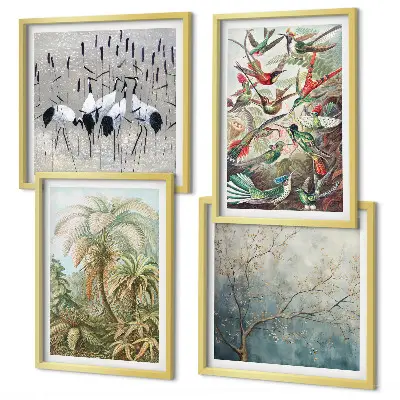 Conjunto de 4 quadros com moldura com estampas de plantas tropicais, pássaros e natureza