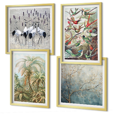 Conjunto de 4 quadros com moldura Plantas tropicais, pássaros, natureza