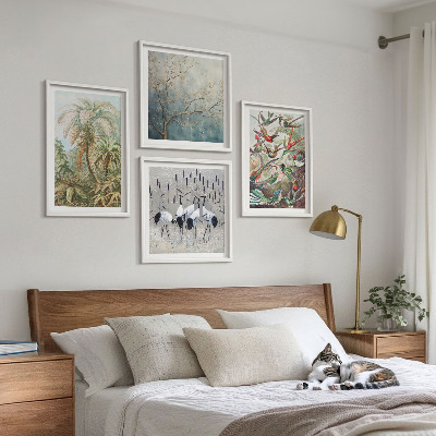 Conjunto de 4 quadros com moldura Plantas tropicais, pássaros, natureza