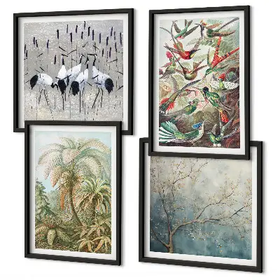Conjunto de 4 quadros com moldura com estampas de plantas tropicais, pássaros e natureza