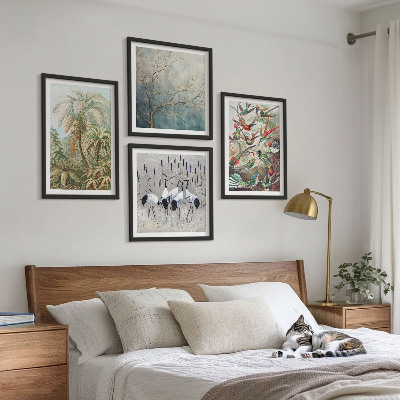 Conjunto de 4 quadros com moldura Plantas tropicais, pássaros, natureza
