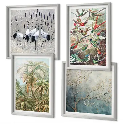 Conjunto de 4 quadros com moldura com estampas de plantas tropicais, pássaros e natureza