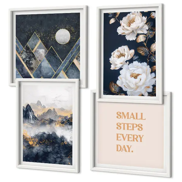 Conjunto de 4 quadros com moldura com inspiração abstrata de montanhas e flores