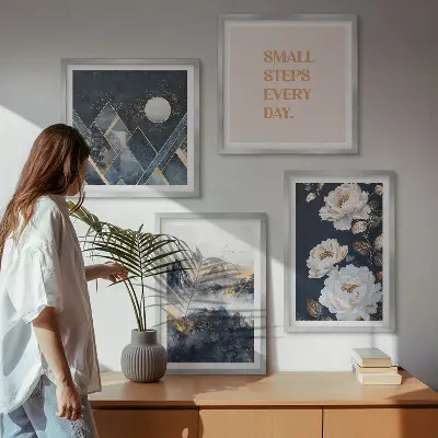 Conjunto de 4 quadros com moldura com inspiração abstrata de montanhas e flores