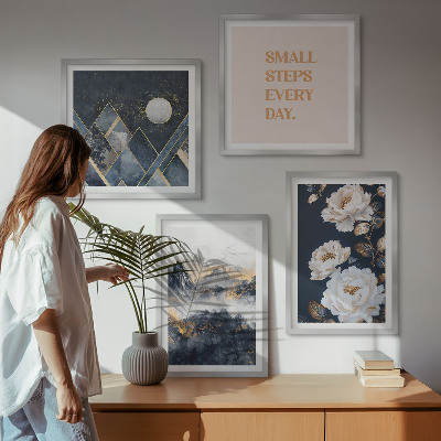 Conjunto de 4 quadros com moldura Inspiração abstrata de montanhas e flores