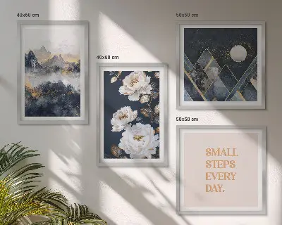 Conjunto de 4 quadros com moldura com inspiração abstrata de montanhas e flores