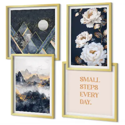 Conjunto de 4 quadros com moldura com inspiração abstrata de montanhas e flores