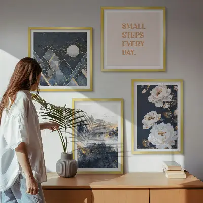 Conjunto de 4 quadros com moldura com inspiração abstrata de montanhas e flores
