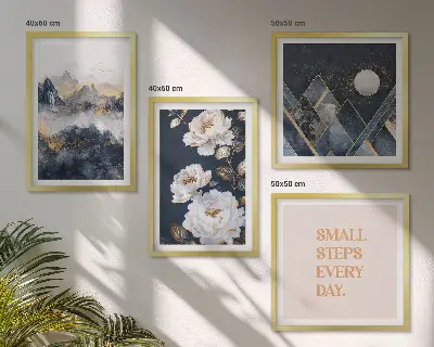 Conjunto de 4 quadros com moldura com inspiração abstrata de montanhas e flores