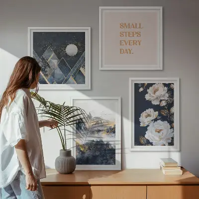 Conjunto de 4 quadros com moldura com inspiração abstrata de montanhas e flores
