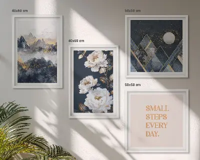 Conjunto de 4 quadros com moldura com inspiração abstrata de montanhas e flores