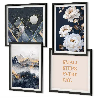 Conjunto de 4 quadros com moldura com inspiração abstrata de montanhas e flores