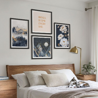 Conjunto de 4 quadros com moldura Inspiração abstrata de montanhas e flores