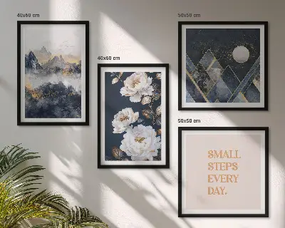 Conjunto de 4 quadros com moldura com inspiração abstrata de montanhas e flores