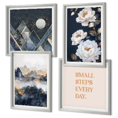 Conjunto de 4 quadros com moldura com inspiração abstrata de montanhas e flores