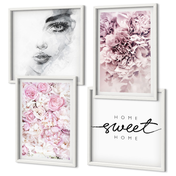 Composição de quadros Retrato de uma mulher com peônias para decoração de casa.