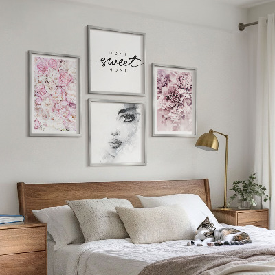 Composição de quadros Retrato de uma mulher com peônias para decoração de casa.